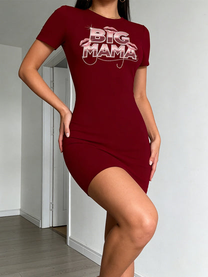 Women's casual dress, a fashionable dress with letter pattern prints, made of stretch fabric, machine washable