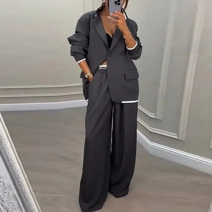 Casual Women's Suit Set  Sexy Turn down Collar Button Blazer & Straight-leg Pants Set Winter Solid Long Sleeve Chic Outfit