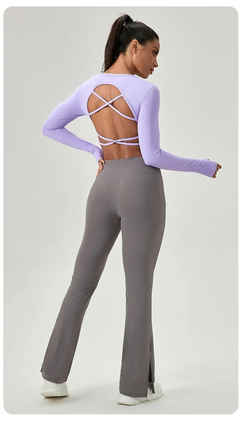 Yoga Wear Tight Long-sleeved Shirt with Chest Pads Crossed Beautiful Back Sports Top Quick-drying  Fitness Wear