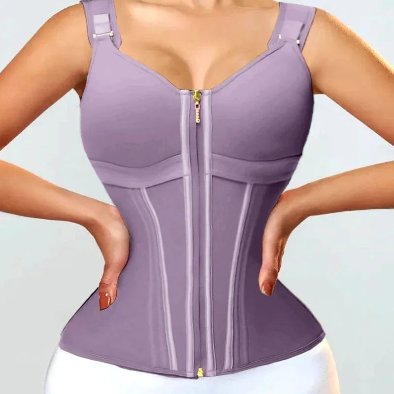 Double Compression Vest Bra Waist Trainer Corset with 17 Steel Bone Flat Belly Strap Slim Body Shaper