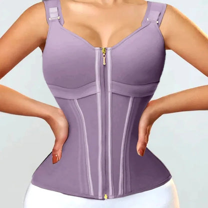 Double Compression Vest Bra Waist Trainer Corset with 17 Steel Bone Flat Belly Strap Slim Body Shaper