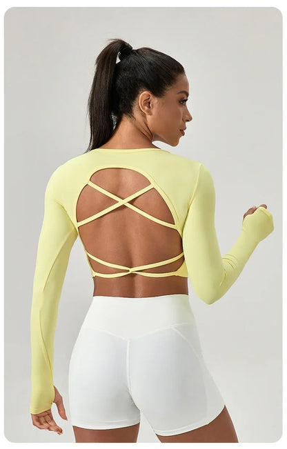 Yoga Wear Tight Long-sleeved Shirt with Chest Pads Crossed Beautiful Back Sports Top Quick-drying  Fitness Wear