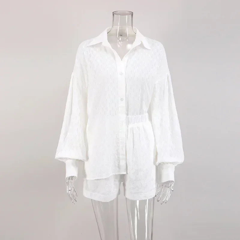 Casual Loose Women Short Two Piece Set Suit Fashion Blouse Long Sleeve Shirt Lady Simple Style Shorts Streetwear Blouse Tops