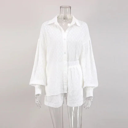 Casual Loose Women Short Two Piece Set Suit Fashion Blouse Long Sleeve Shirt Lady Simple Style Shorts Streetwear Blouse Tops