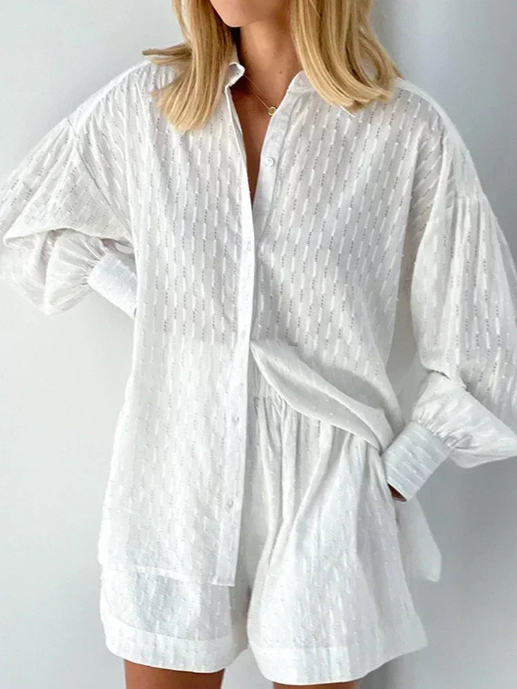 Casual Loose Women Short Two Piece Set Suit Fashion Blouse Long Sleeve Shirt Lady Simple Style Shorts Streetwear Blouse Tops