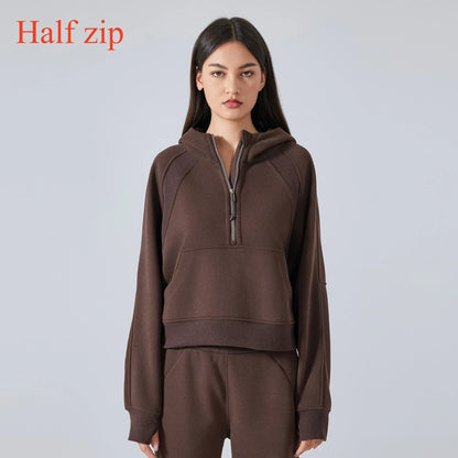 Women's Half-Zip Hoodies Fleece Sweatshirt Sports Jacket with Thumbhole