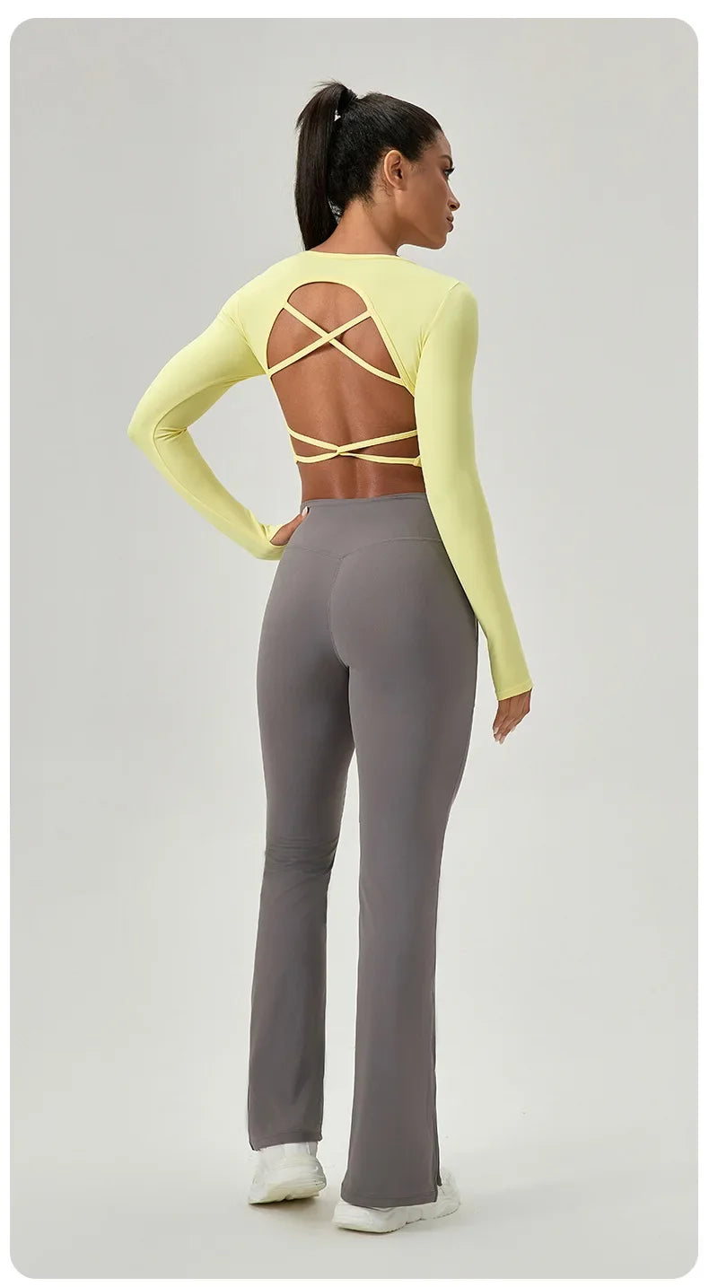 Yoga Wear Tight Long-sleeved Shirt with Chest Pads Crossed Beautiful Back Sports Top Quick-drying  Fitness Wear