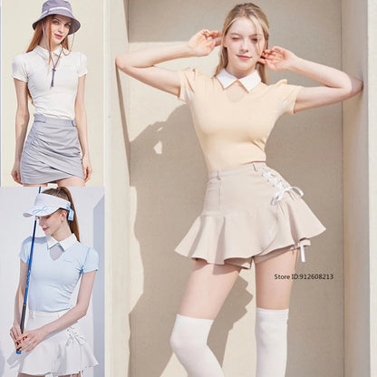 Short Sleeve Tops Golf T-shirts Quick-dry Breathable Shirts Lace Up Pleated Golf Skirt