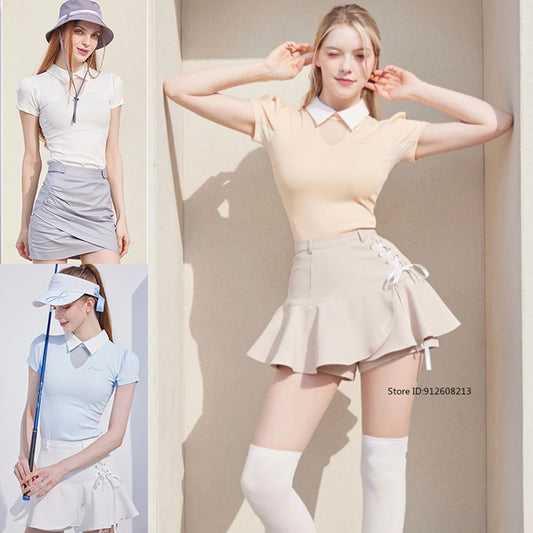 Short Sleeve Tops Golf T-shirts Quick-dry Breathable Shirts Lace Up Pleated Golf Skirt