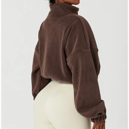 Women's Sports Coat Fleece-lined Warm Casual Loose Crop Tops Long Sleeve