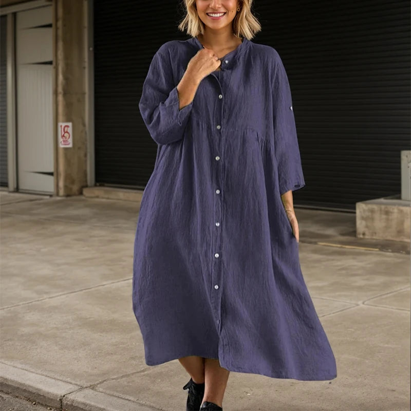 Casual Dress Long Sleeve Button O-neck Loose Solid Fashion Elegant Dress