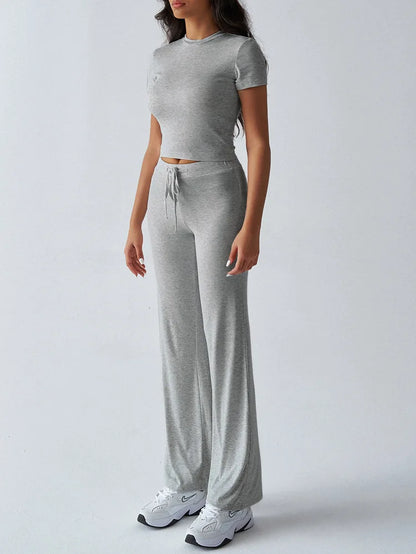 Women's Casual Lounge Set - Short Sleeve Top & Pants Two Piece, Home Wear Yoga Outfit