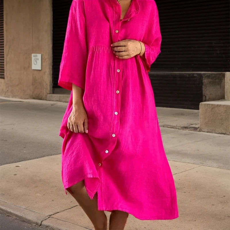 Casual Dress Long Sleeve Button O-neck Loose Solid Fashion Elegant Dress
