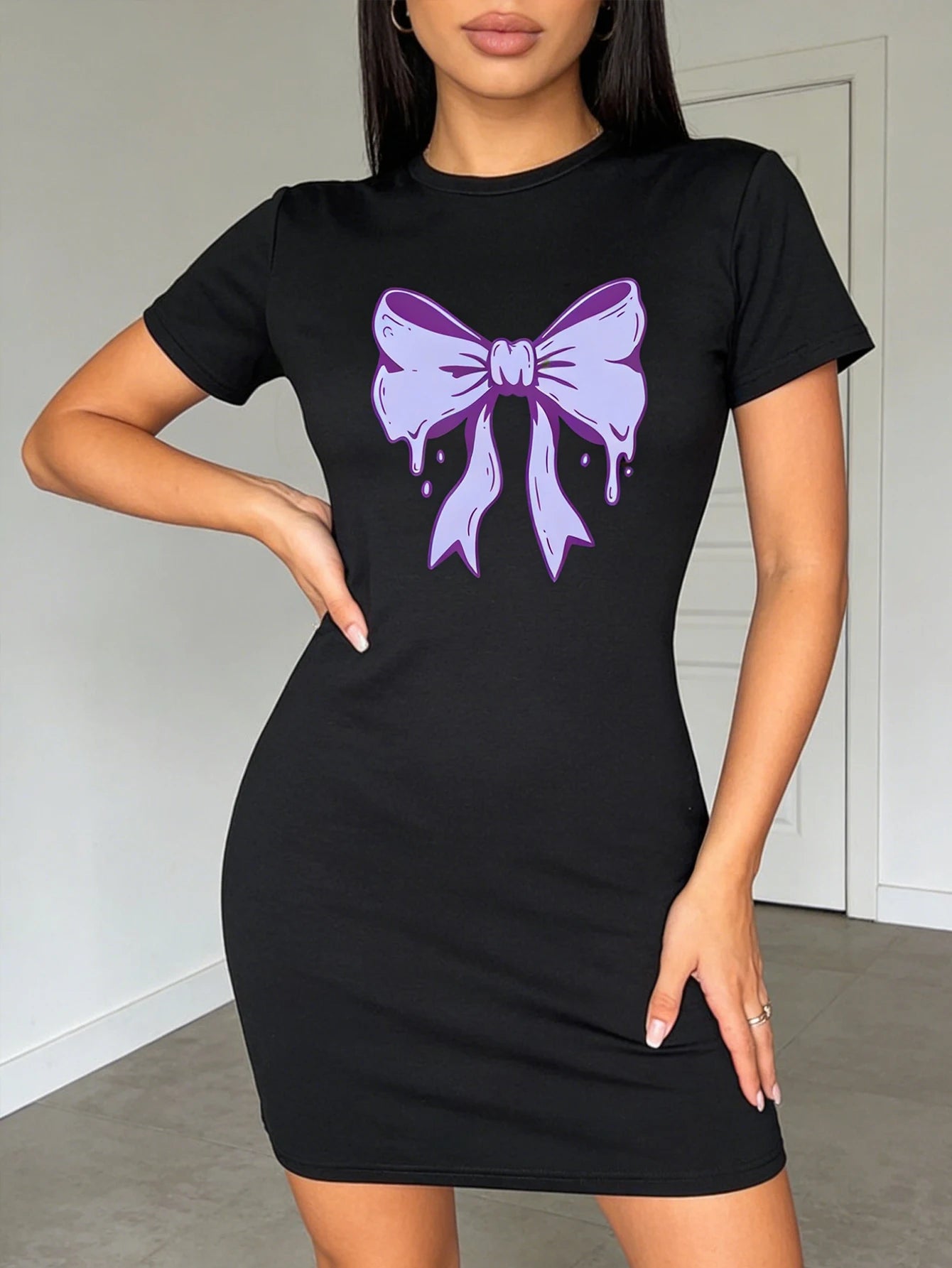 Women's casual dress, a fashionable dress with letter pattern prints, made of stretch fabric, machine washable