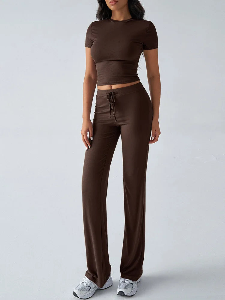 Women's Casual Lounge Set - Short Sleeve Top & Pants Two Piece, Home Wear Yoga Outfit