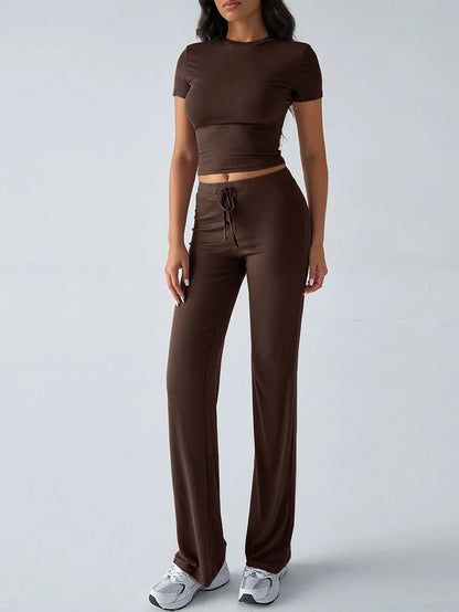 Women's Casual Lounge Set - Short Sleeve Top & Pants Two Piece, Home Wear Yoga Outfit