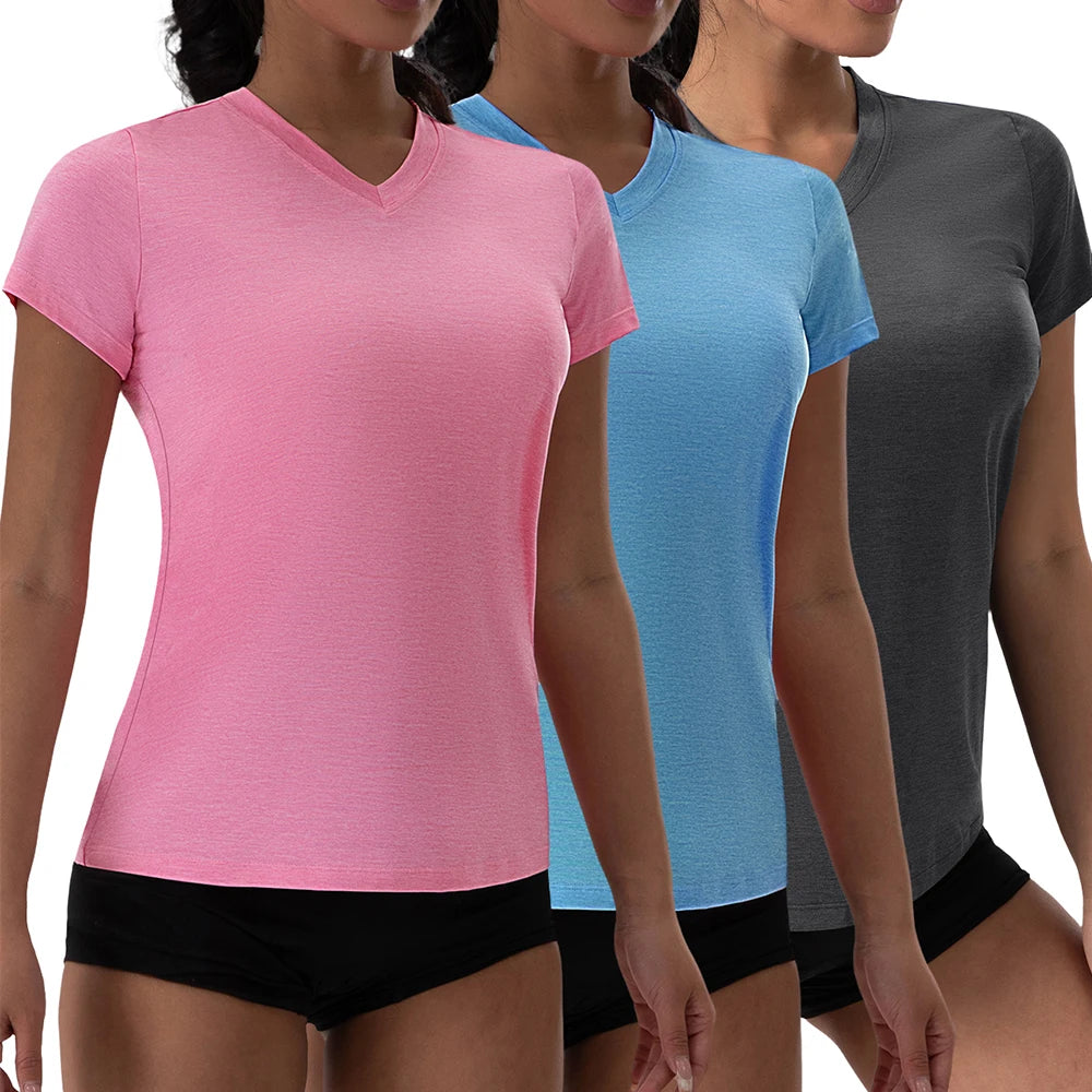 Yoga Shirts V-Neck Pleated Short Sleeve Sports Top Loose Solid Color Exercise Tee 5 Colors Gym Wear