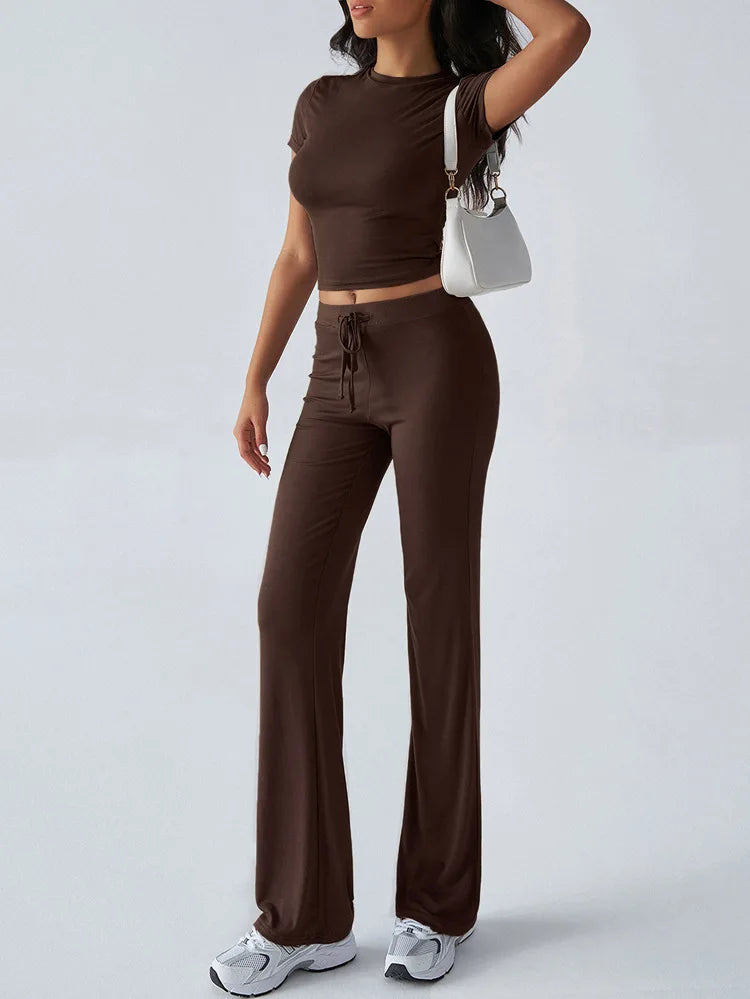 Women's Casual Lounge Set - Short Sleeve Top & Pants Two Piece, Home Wear Yoga Outfit