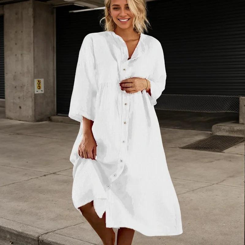 Casual Dress Long Sleeve Button O-neck Loose Solid Fashion Elegant Dress