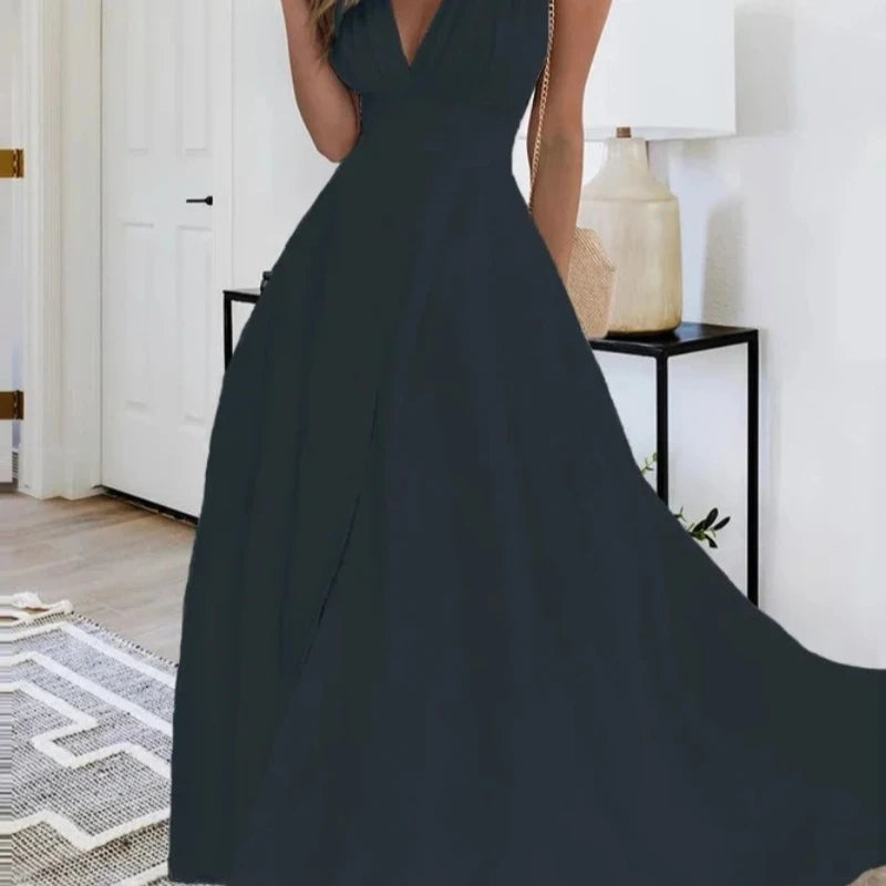 Fashion Casual Dresses Solid Color Sleeveless V Neck Side Zipper Style Long Dress Elegant Sundress