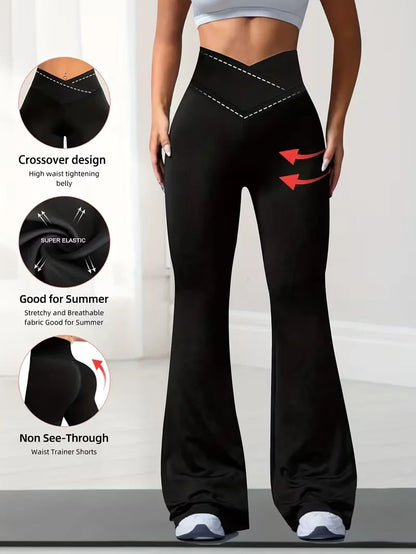 Women's elastic fitness pants, solid color high waist bell-bottoms with abdominal shaping design