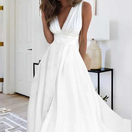 Fashion Casual Dresses Solid Color Sleeveless V Neck Side Zipper Style Long Dress Elegant Sundress