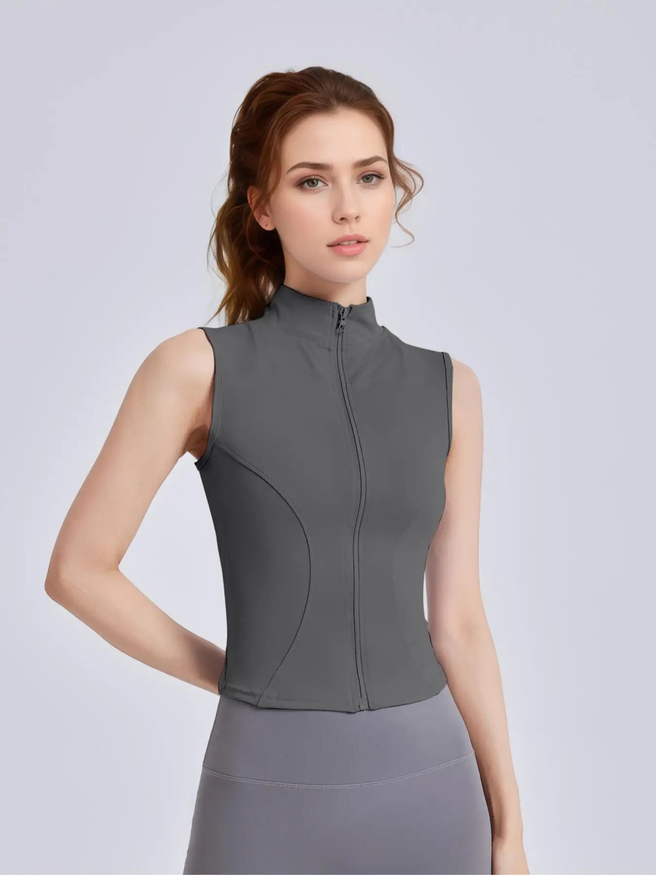 Solid Thumb Hole Design Sports Jacket, Sporty Zip Up Sleeveless Outerwear for Yoga Gym Workout,