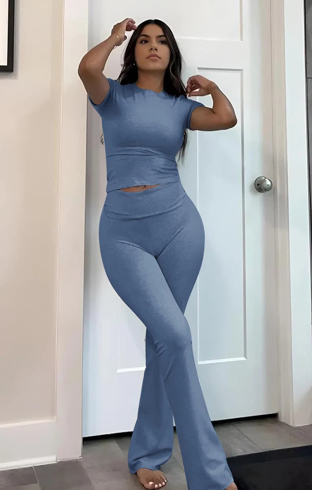 Casual Workout Two Piece Outfits Short Sleeve Crop High Waist Foldover Flare Pants Streetwear
