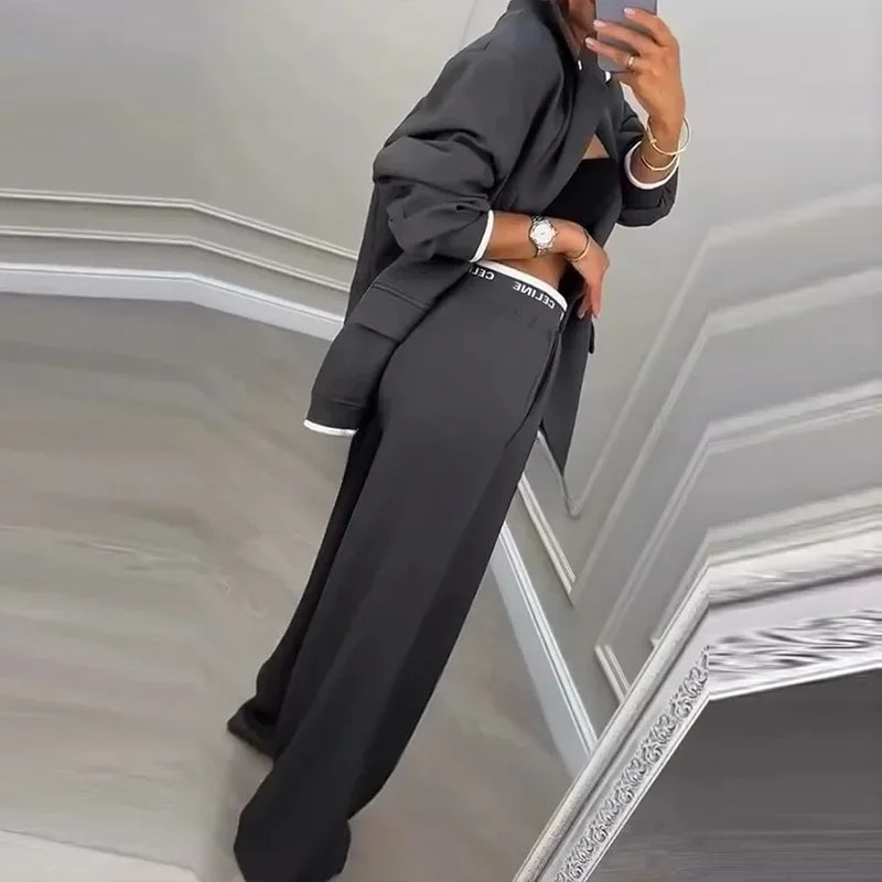 Casual Women's Suit Set  Sexy Turn down Collar Button Blazer & Straight-leg Pants Set Winter Solid Long Sleeve Chic Outfit