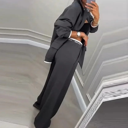 Casual Women's Suit Set  Sexy Turn down Collar Button Blazer & Straight-leg Pants Set Winter Solid Long Sleeve Chic Outfit