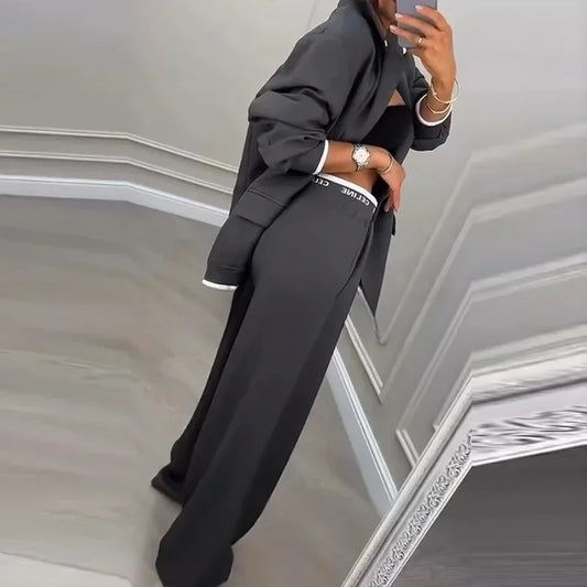 Casual Women's Suit Set  Sexy Turn down Collar Button Blazer & Straight-leg Pants Set Winter Solid Long Sleeve Chic Outfit