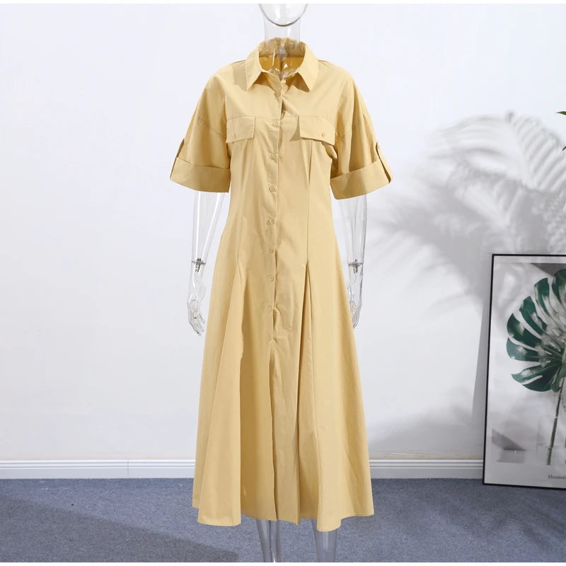 Casual Striped Women Summer Dress Lapel Single Breast Half Sleeve Slim Waist Long Dresses 2026 Autumn Lady Fashion Vacation Robe