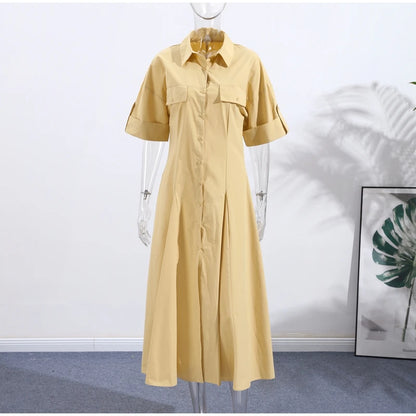 Casual Striped Women Summer Dress Lapel Single Breast Half Sleeve Slim Waist Long Dresses 2026 Autumn Lady Fashion Vacation Robe