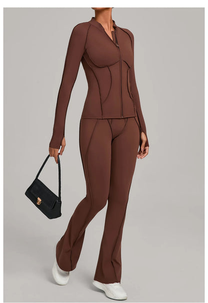 Gym Yoga Outfit Zipper Long Sleeve Fitness Suit Daily Casual Fitness Sportswear Two-Piece Sets