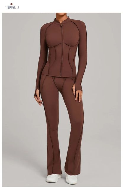 Gym Yoga Outfit Zipper Long Sleeve Fitness Suit Daily Casual Fitness Sportswear Two-Piece Sets