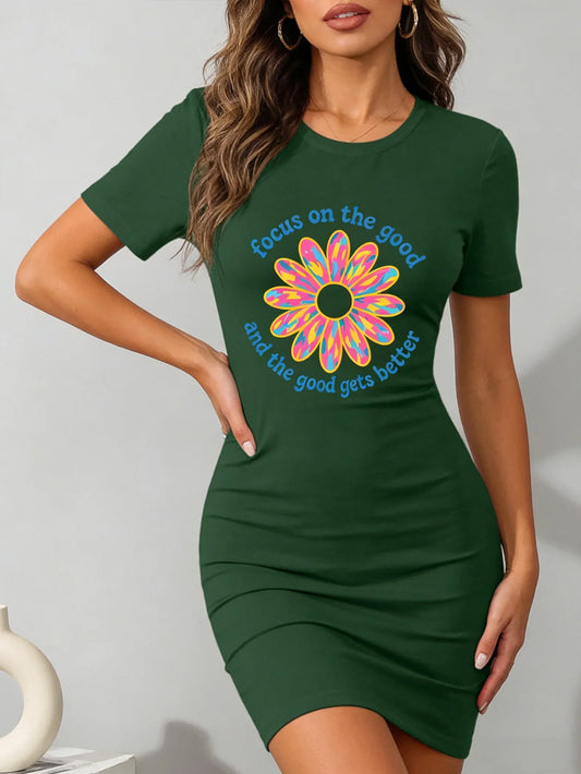 Women's casual summer dress - floral pattern, soft and breathable fabric, fitted round-neck design