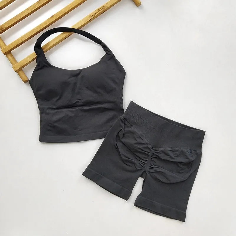 Yoga 2 Pieces Gym Set Backless Halter Tops High Waist Seamless Fitness Sports Bras Sportswear Workout Sets