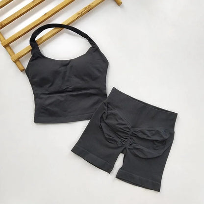 Yoga 2 Pieces Gym Set Backless Halter Tops High Waist Seamless Fitness Sports Bras Sportswear Workout Sets
