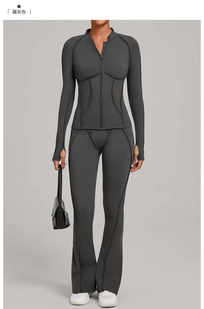 Gym Yoga Outfit Zipper Long Sleeve Fitness Suit Daily Casual Fitness Sportswear Two-Piece Sets