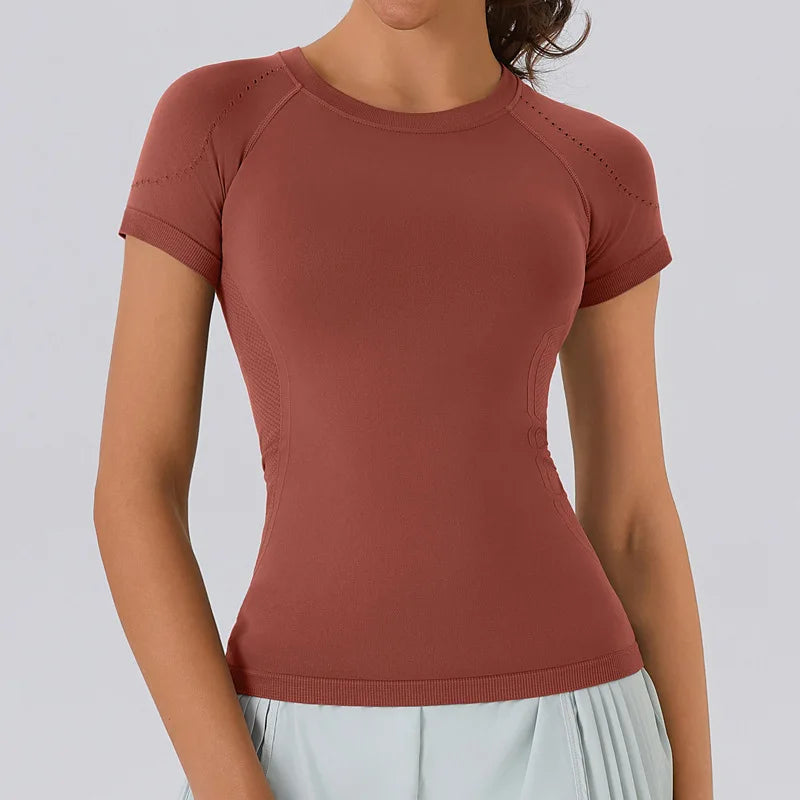 Yoga Shirts Sports T Shirt Short Sleeve Round Neck Breathable Stretchy Yoga Slim Fitness Active Top Tee