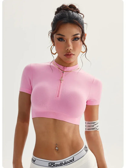 Women Shirts Zippy Seamless Gym Short Sleeve Yoga Sport Top ActiveWear