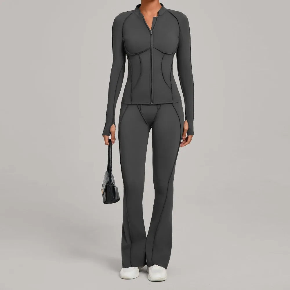 Gym Yoga Outfit Zipper Long Sleeve Fitness Suit Daily Casual Fitness Sportswear Two-Piece Sets