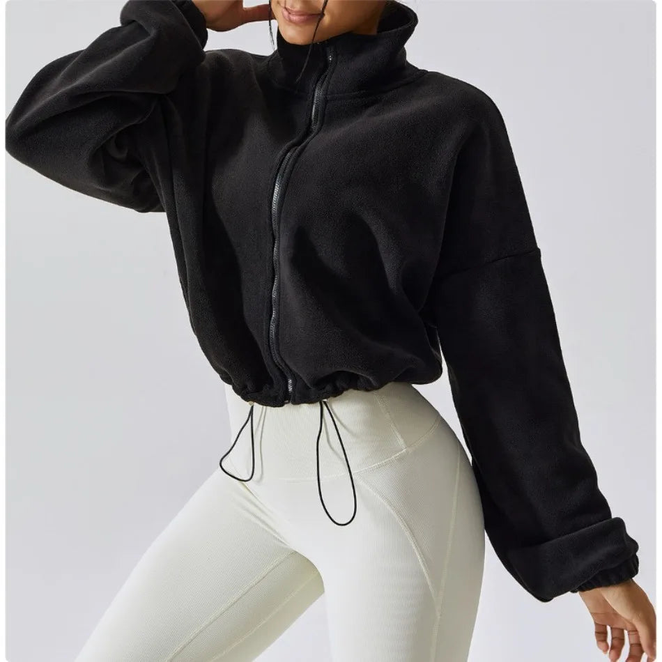 Women's Sports Coat Fleece-lined Warm Casual Loose Crop Tops Long Sleeve