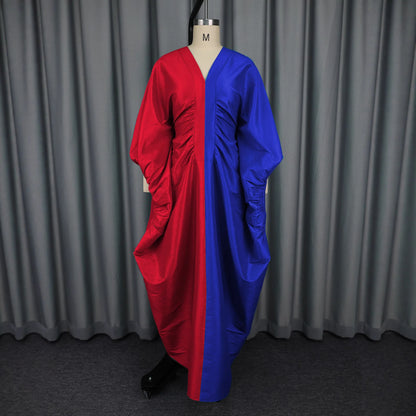 casual dresses loose V-neck long sleeved elegant party evening dresses pleated waist