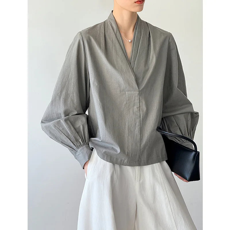 Women Casual Blouses V-Neck Puff Sleeve Office Blouses Fashion Shirts