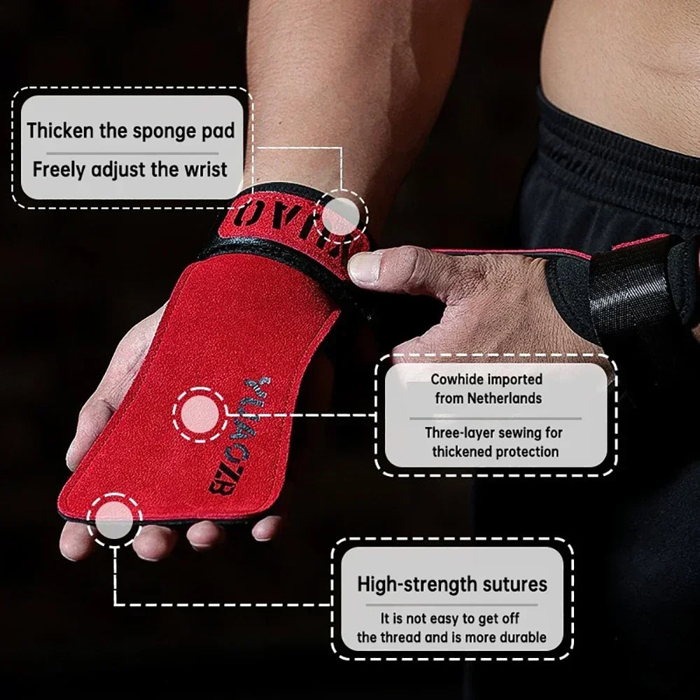 1Pair Cowhide Fitness Gloves Straps Grips Anti-Skid Weightlifting Gloves