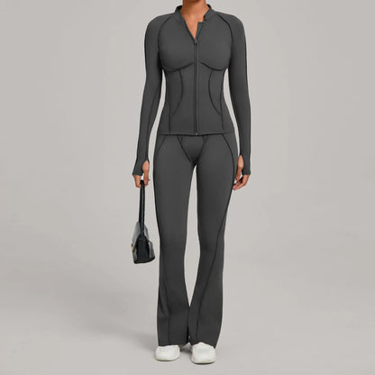 Gym Yoga Outfit Zipper Long Sleeve Fitness Suit Daily Casual Fitness Sportswear Two-Piece Sets