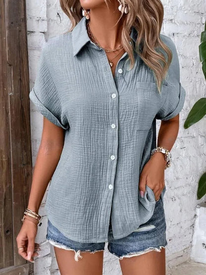 Women Casual Cotton Blouse Vintage Short Sleeve Slim Shirt Elegant Turn Down Collar Solid Tunics Streetwear