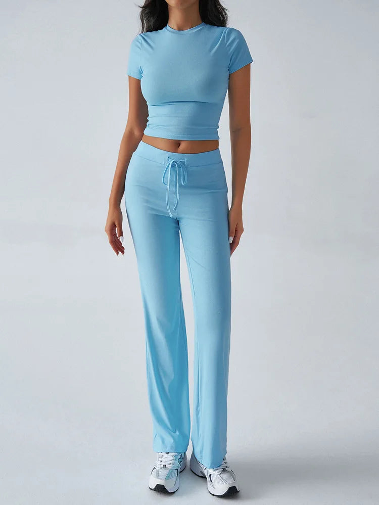Women's Casual Lounge Set - Short Sleeve Top & Pants Two Piece, Home Wear Yoga Outfit