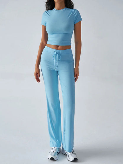 Women's Casual Lounge Set - Short Sleeve Top & Pants Two Piece, Home Wear Yoga Outfit